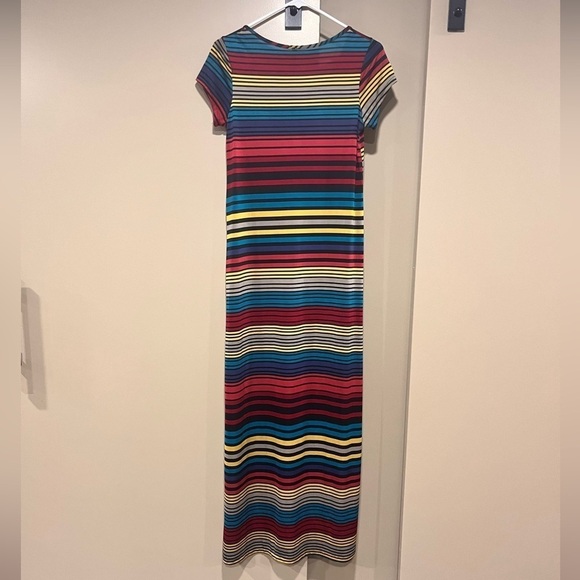 Vintage Mi Manchi Retro Rainbow Stripe Short Sleeve Y2K Maxi Dress Small Artsy - Picture 2 of 9